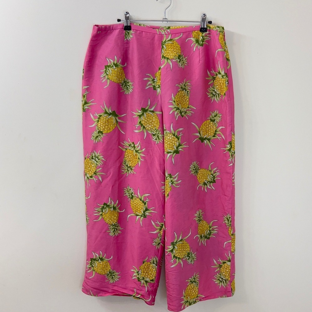 Silk Club Collection Pink Pineapple Print 100% Silk Wide Leg Pants Size 14